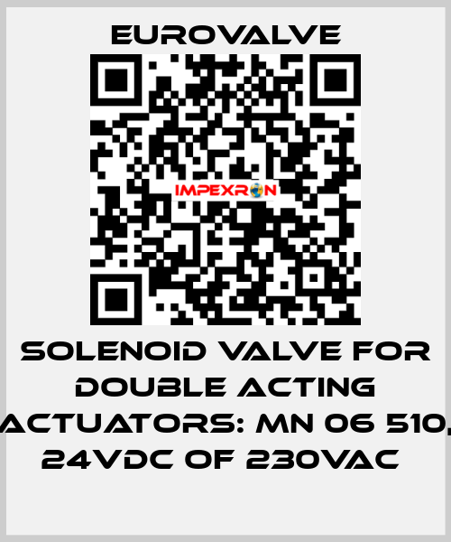 SOLENOID VALVE FOR DOUBLE ACTING ACTUATORS: MN 06 510, 24VDC OF 230VAC  Eurovalve